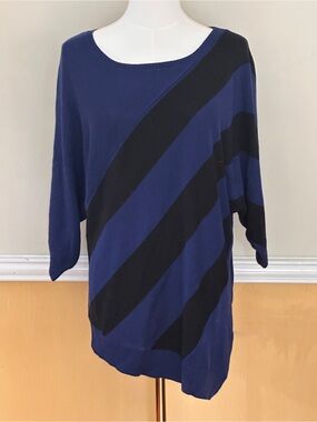 intro. Blue Striped Crewneck Asymmetrical Sweater